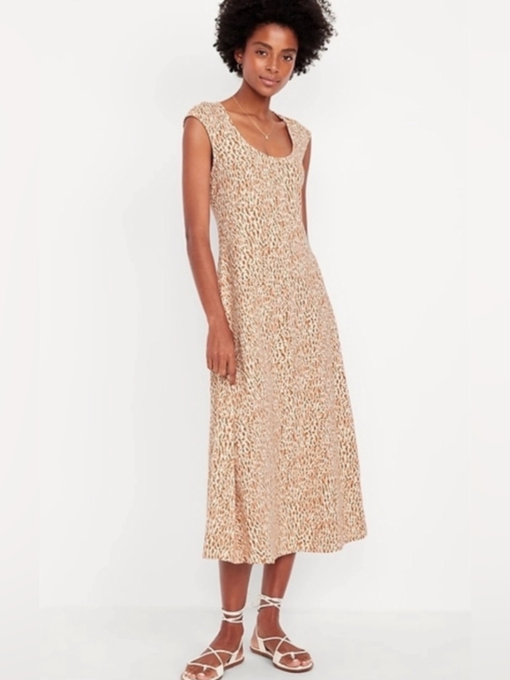 Old Navy Beige Animal-Print Scoop Neck Midi Dress